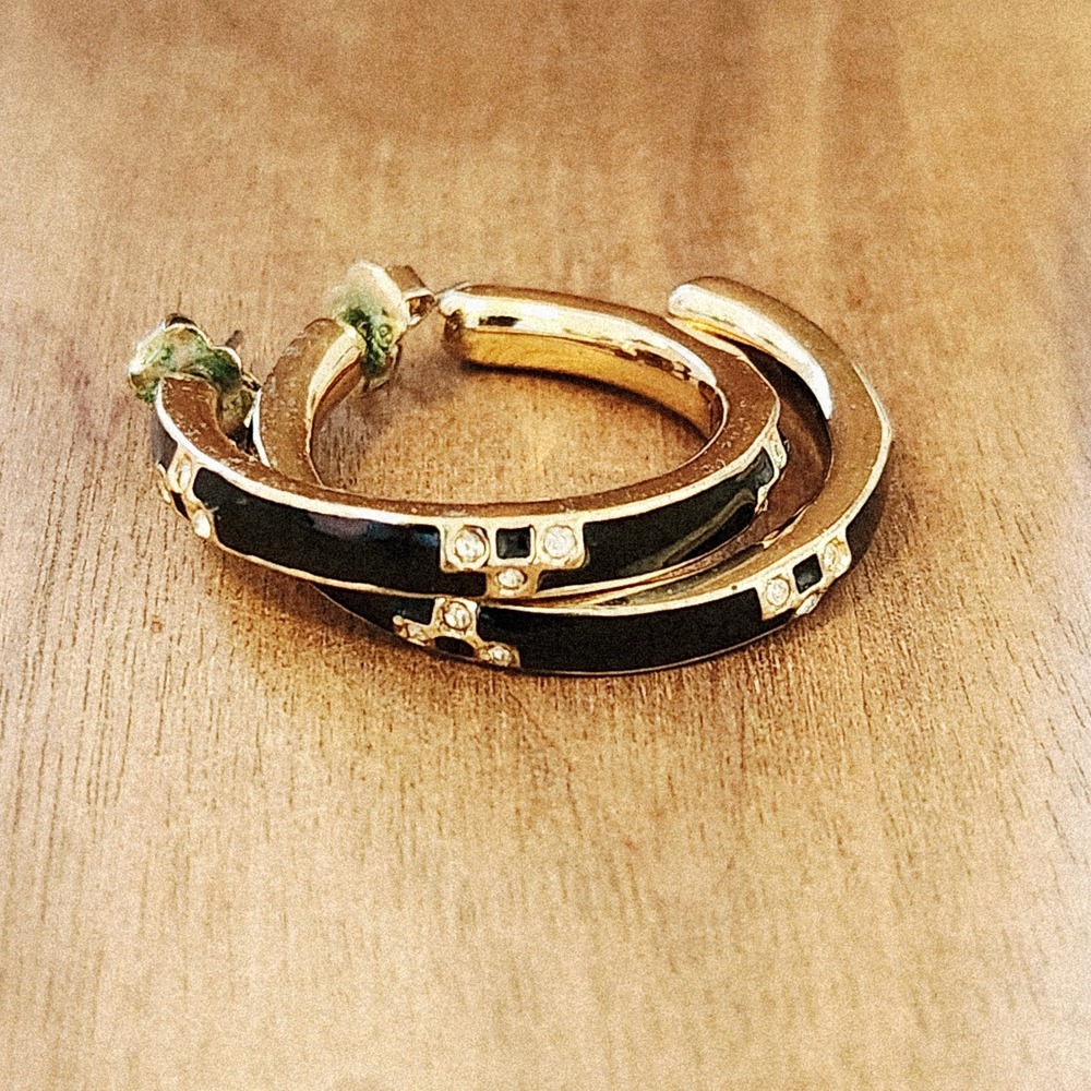 Gold Tone Black Enamel Crystal Cross Accent Hoop Earrings 1 Inch